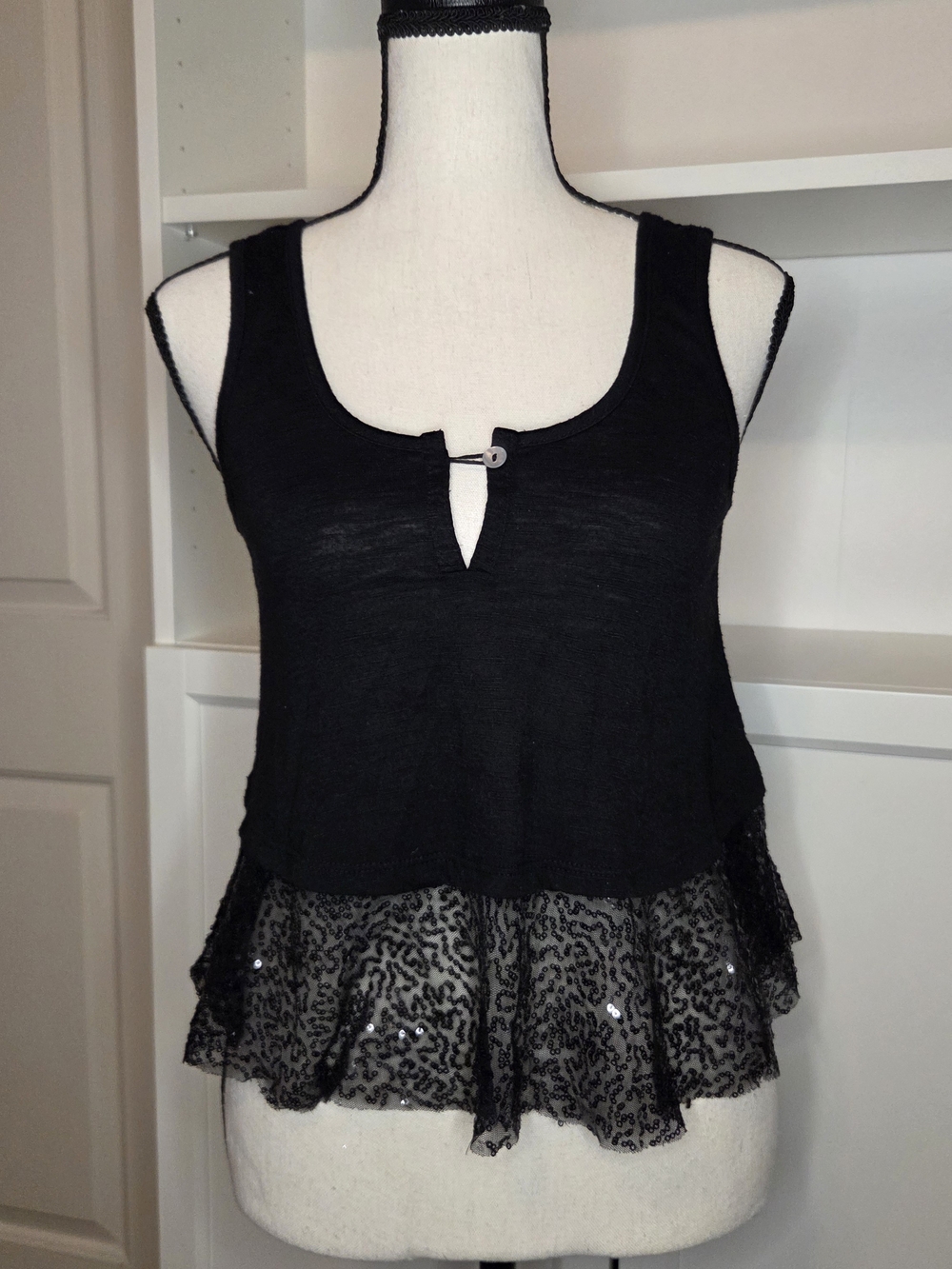 Black Sleeveless Ruffle Hem Top with Sequin Trim